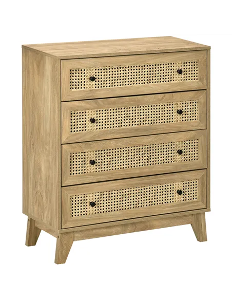 HOMCOM Storage Cabinet, 4-Drawer Unit with Rattan Element for Bedroom, Living Room, 80cmx35cmx95cm, Wood Effect
