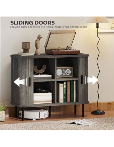 HOMCOM Mid-Century Modern Sideboard Storage Cabinet with Slatted Tambour Sliding Doors, Kitchen Cabinet with Steel Legs, Grey