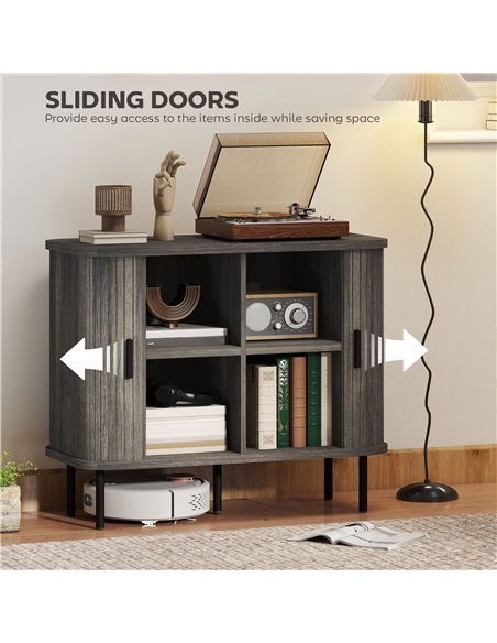 HOMCOM Mid-Century Modern Sideboard Storage Cabinet with Slatted Tambour Sliding Doors, Kitchen Cabinet with Steel Legs, Grey