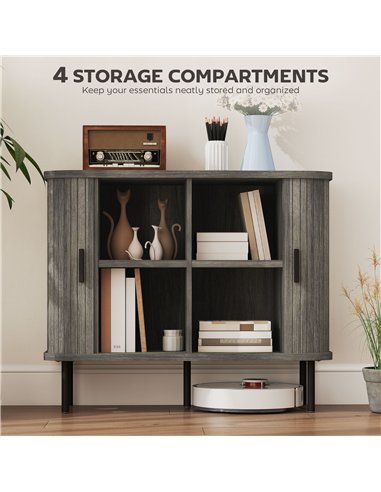 HOMCOM Mid-Century Modern Sideboard Storage Cabinet with Slatted Tambour Sliding Doors, Kitchen Cabinet with Steel Legs, Grey