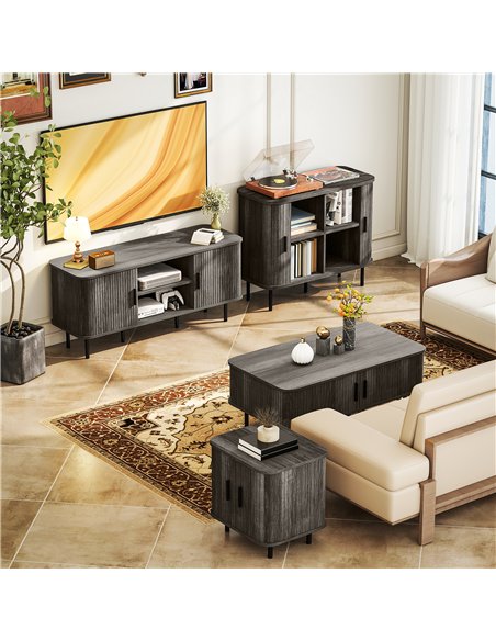 HOMCOM Mid-Century Modern Sideboard Storage Cabinet with Slatted Tambour Sliding Doors, Kitchen Cabinet with Steel Legs, Grey