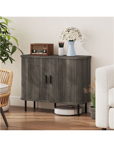 HOMCOM Mid-Century Modern Sideboard Storage Cabinet with Slatted Tambour Sliding Doors, Kitchen Cabinet with Steel Legs, Grey