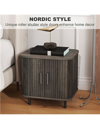 HOMCOM Bedside Table, Nordic Side Table with Roller Shutter Style Sliding Doors and Metal Legs for Bedroom, Living Room, Grey