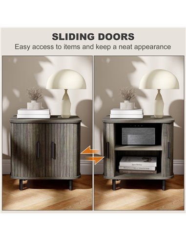 HOMCOM Bedside Table, Nordic Side Table with Roller Shutter Style Sliding Doors and Metal Legs for Bedroom, Living Room, Grey