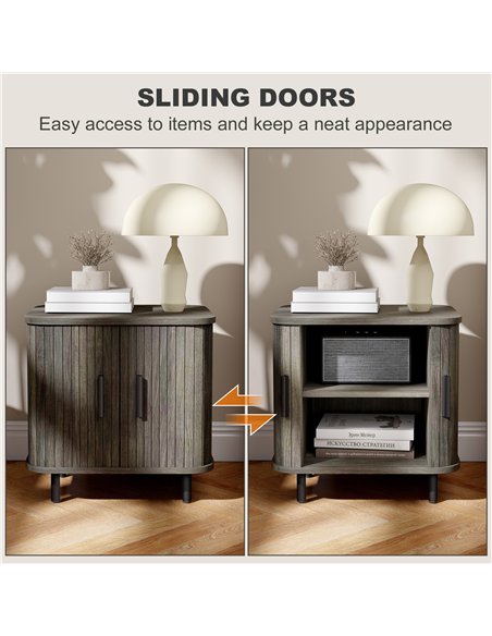 HOMCOM Bedside Table, Nordic Side Table with Roller Shutter Style Sliding Doors and Metal Legs for Bedroom, Living Room, Grey