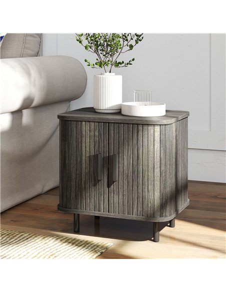 HOMCOM Bedside Table, Nordic Side Table with Roller Shutter Style Sliding Doors and Metal Legs for Bedroom, Living Room, Grey