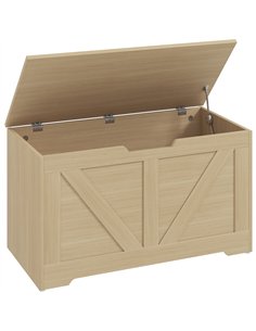 HOMCOM 100L Home Storage Box, with Safety Hinges - Natural Wood Finish