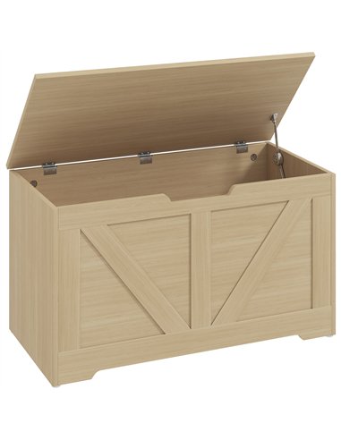 HOMCOM 100L Home Storage Box, with Safety Hinges - Natural Wood Finish