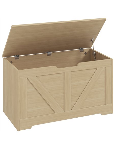 HOMCOM 100L Home Storage Box, with Safety Hinges - Natural Wood Finish