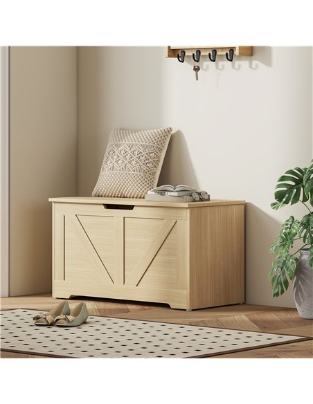 HOMCOM 100L Home Storage Box, with Safety Hinges - Natural Wood Finish