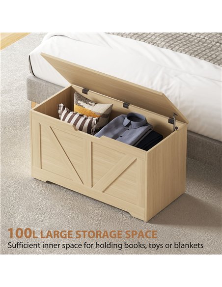 HOMCOM 100L Home Storage Box, with Safety Hinges - Natural Wood Finish