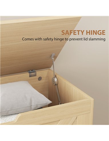 HOMCOM 100L Home Storage Box, with Safety Hinges - Natural Wood Finish