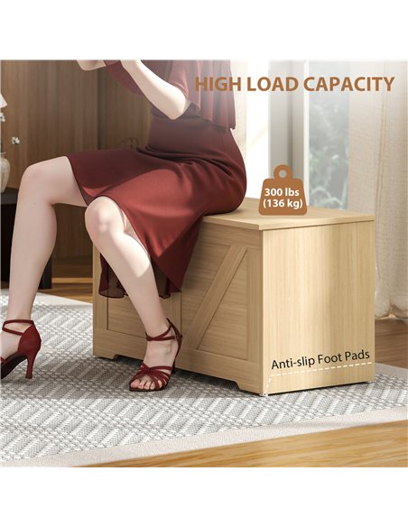 HOMCOM 100L Home Storage Box, with Safety Hinges - Natural Wood Finish