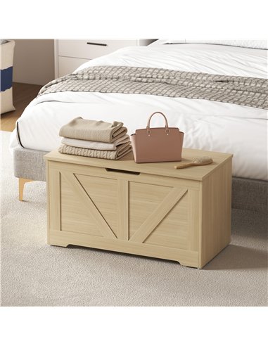 HOMCOM 100L Home Storage Box, with Safety Hinges - Natural Wood Finish