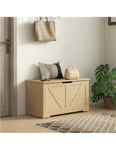 HOMCOM 100L Home Storage Box, with Safety Hinges - Natural Wood Finish