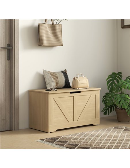 HOMCOM 100L Home Storage Box, with Safety Hinges - Natural Wood Finish