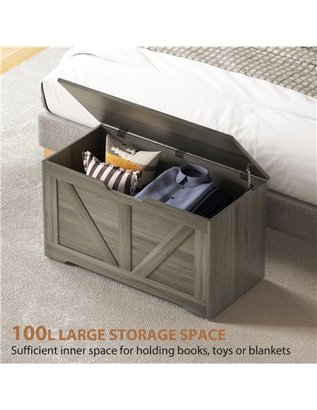 HOMCOM 100L Home Storage Box, with Safety Hinges - Charcoal Grey