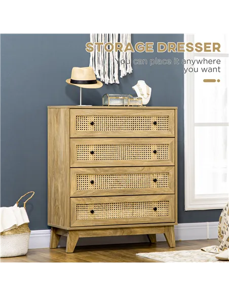HOMCOM Storage Cabinet, 4-Drawer Unit with Rattan Element for Bedroom, Living Room, 80cmx35cmx95cm, Wood Effect