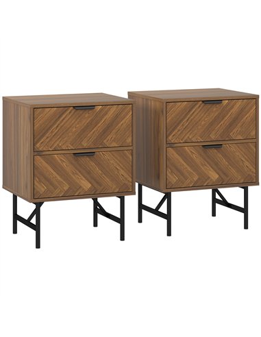 HOMCOM Bedside Table Set of 2 with 2 Drawers, Modern Side Tables with Herringbone Pattern and Metal Legs for Bedroom, Living Roo