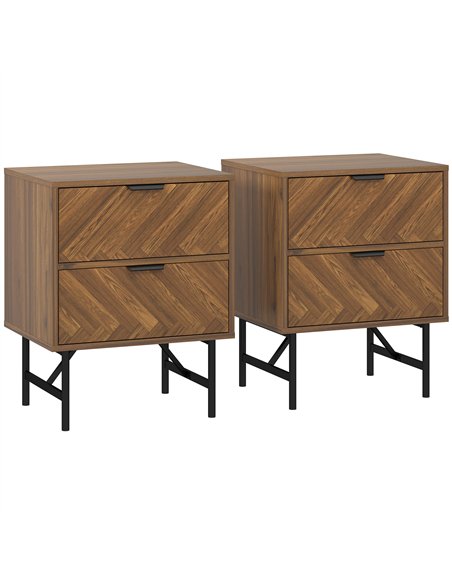 HOMCOM Bedside Table Set of 2 with 2 Drawers, Modern Side Tables with Herringbone Pattern and Metal Legs for Bedroom, Living Roo
