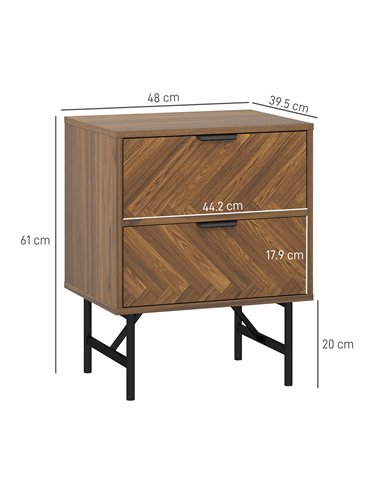HOMCOM Bedside Table Set of 2 with 2 Drawers, Modern Side Tables with Herringbone Pattern and Metal Legs for Bedroom, Living Roo