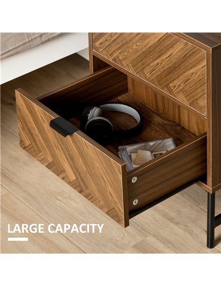 HOMCOM Bedside Table Set of 2 with 2 Drawers, Modern Side Tables with Herringbone Pattern and Metal Legs for Bedroom, Living Roo