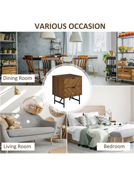 HOMCOM Bedside Table Set of 2 with 2 Drawers, Modern Side Tables with Herringbone Pattern and Metal Legs for Bedroom, Living Roo