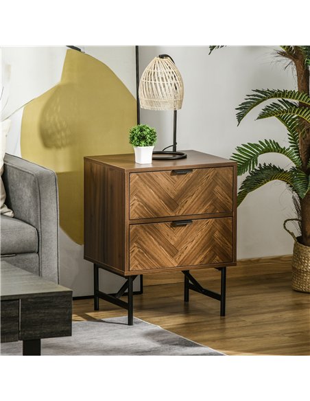 HOMCOM Bedside Table Set of 2 with 2 Drawers, Modern Side Tables with Herringbone Pattern and Metal Legs for Bedroom, Living Roo