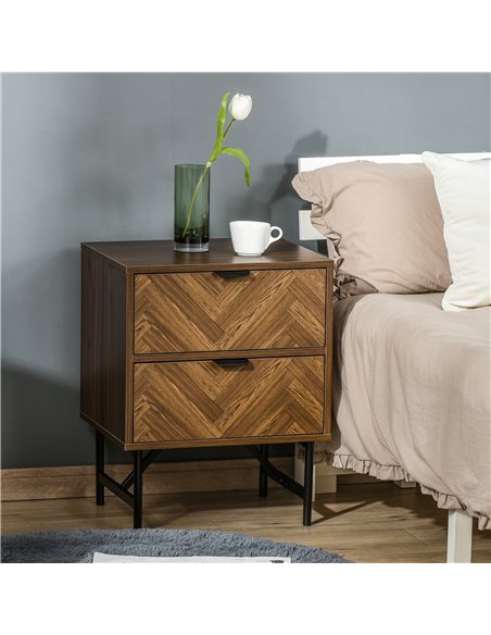HOMCOM Bedside Table Set of 2 with 2 Drawers, Modern Side Tables with Herringbone Pattern and Metal Legs for Bedroom, Living Roo
