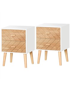 HOMCOM Bedside Table Set of 2, Modern Bedside Cabinets with Drawer and Pine Wood Legs, Nightstand for Bedroom, White and Natural
