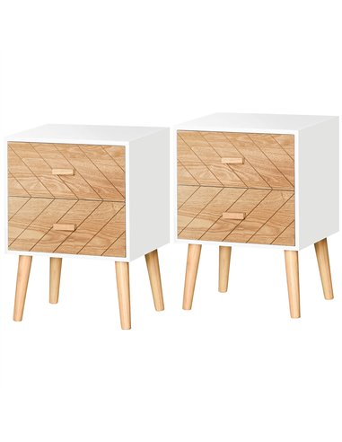 HOMCOM Bedside Table Set of 2, Modern Bedside Cabinets with Drawer and Pine Wood Legs, Nightstand for Bedroom, White and Natural