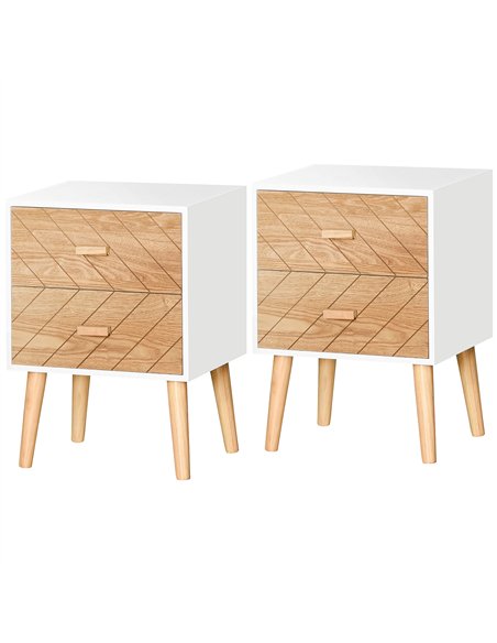 HOMCOM Bedside Table Set of 2, Modern Bedside Cabinets with Drawer and Pine Wood Legs, Nightstand for Bedroom, White and Natural