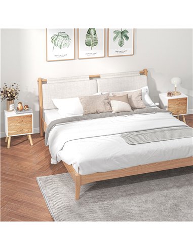 HOMCOM Bedside Table Set of 2, Modern Bedside Cabinets with Drawer and Pine Wood Legs, Nightstand for Bedroom, White and Natural