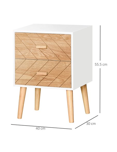 HOMCOM Bedside Table Set of 2, Modern Bedside Cabinets with Drawer and Pine Wood Legs, Nightstand for Bedroom, White and Natural