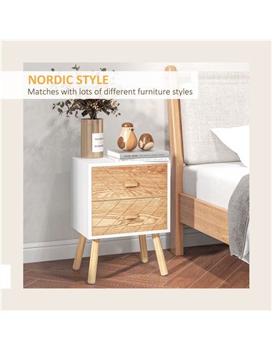 HOMCOM Bedside Table Set of 2, Modern Bedside Cabinets with Drawer and Pine Wood Legs, Nightstand for Bedroom, White and Natural