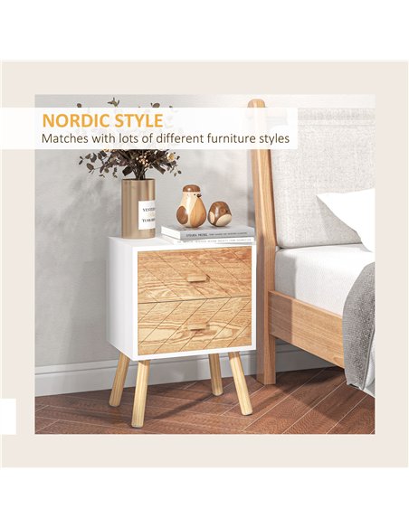 HOMCOM Bedside Table Set of 2, Modern Bedside Cabinets with Drawer and Pine Wood Legs, Nightstand for Bedroom, White and Natural