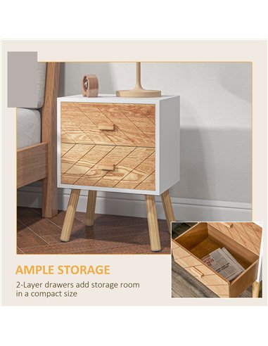 HOMCOM Bedside Table Set of 2, Modern Bedside Cabinets with Drawer and Pine Wood Legs, Nightstand for Bedroom, White and Natural