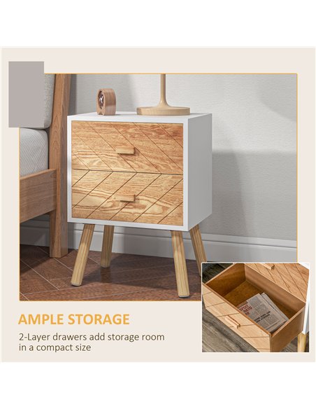 HOMCOM Bedside Table Set of 2, Modern Bedside Cabinets with Drawer and Pine Wood Legs, Nightstand for Bedroom, White and Natural