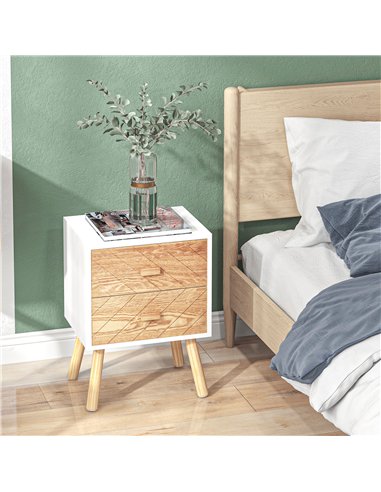 HOMCOM Bedside Table Set of 2, Modern Bedside Cabinets with Drawer and Pine Wood Legs, Nightstand for Bedroom, White and Natural