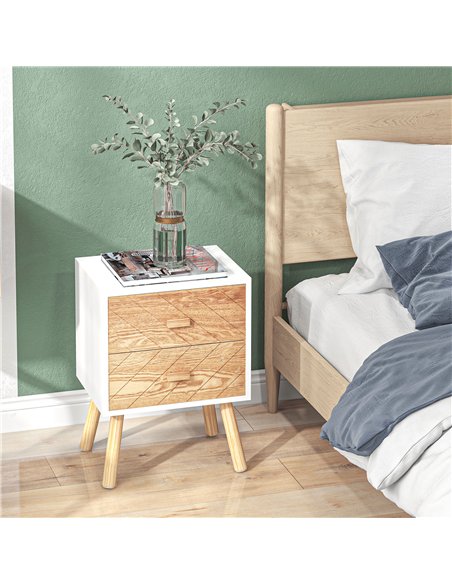 HOMCOM Bedside Table Set of 2, Modern Bedside Cabinets with Drawer and Pine Wood Legs, Nightstand for Bedroom, White and Natural
