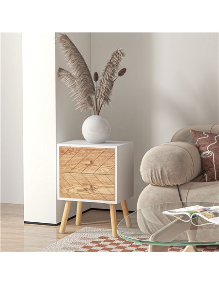 HOMCOM Bedside Table Set of 2, Modern Bedside Cabinets with Drawer and Pine Wood Legs, Nightstand for Bedroom, White and Natural