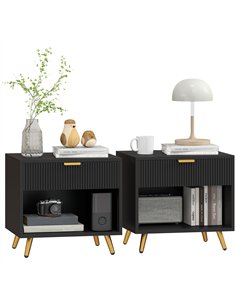 HOMCOM Elegant Bedside Table Set of 2, with Drawer and Shelf - Black/Gold Tone