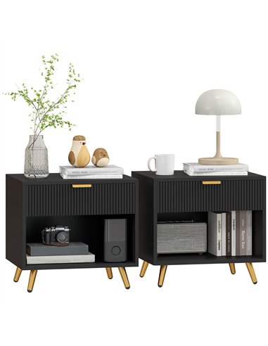 HOMCOM Elegant Bedside Table Set of 2, with Drawer and Shelf - Black/Gold Tone