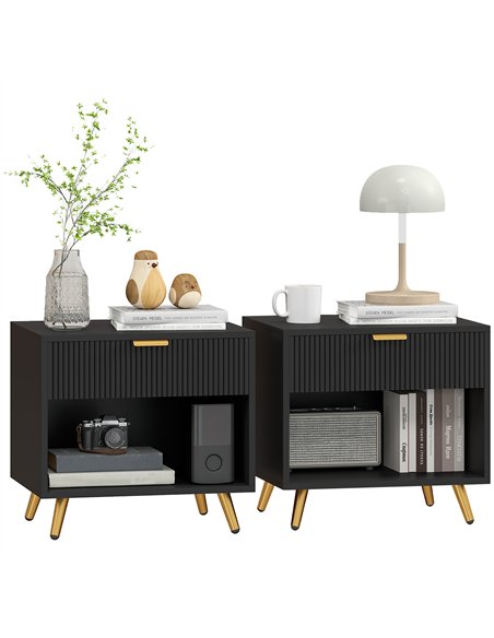 HOMCOM Elegant Bedside Table Set of 2, with Drawer and Shelf - Black/Gold Tone