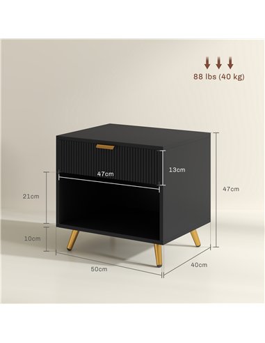 HOMCOM Elegant Bedside Table Set of 2, with Drawer and Shelf - Black/Gold Tone