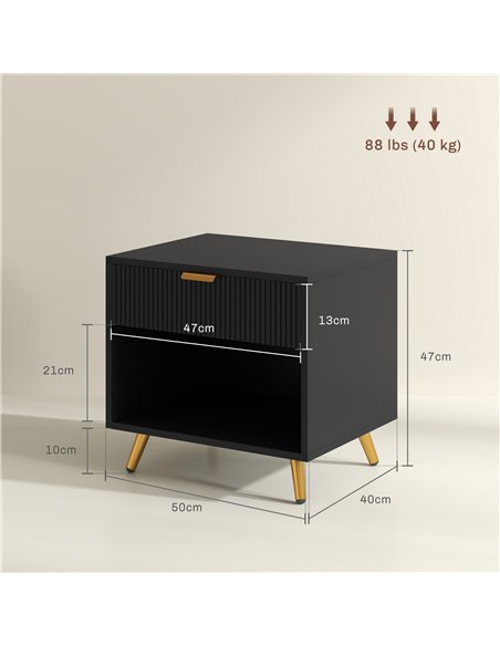 HOMCOM Elegant Bedside Table Set of 2, with Drawer and Shelf - Black/Gold Tone