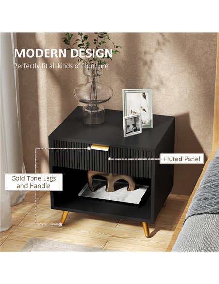 HOMCOM Elegant Bedside Table Set of 2, with Drawer and Shelf - Black/Gold Tone