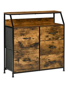 HOMCOM Bedroom Chest of Drawers, Industrial 5 Fabric Drawer Dresser with Open Shelf for Living Room, Rustic Brown