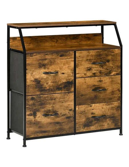 HOMCOM Bedroom Chest of Drawers, Industrial 5 Fabric Drawer Dresser with Open Shelf for Living Room, Rustic Brown