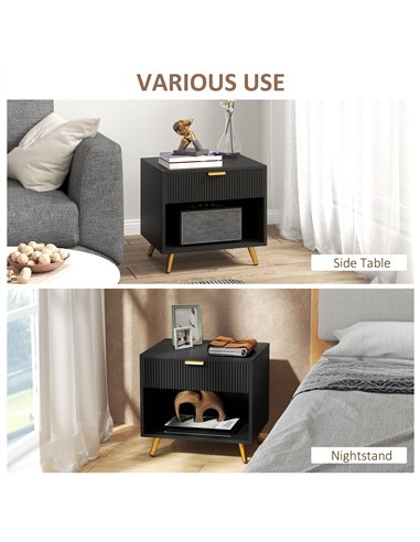 HOMCOM Elegant Bedside Table Set of 2, with Drawer and Shelf - Black/Gold Tone